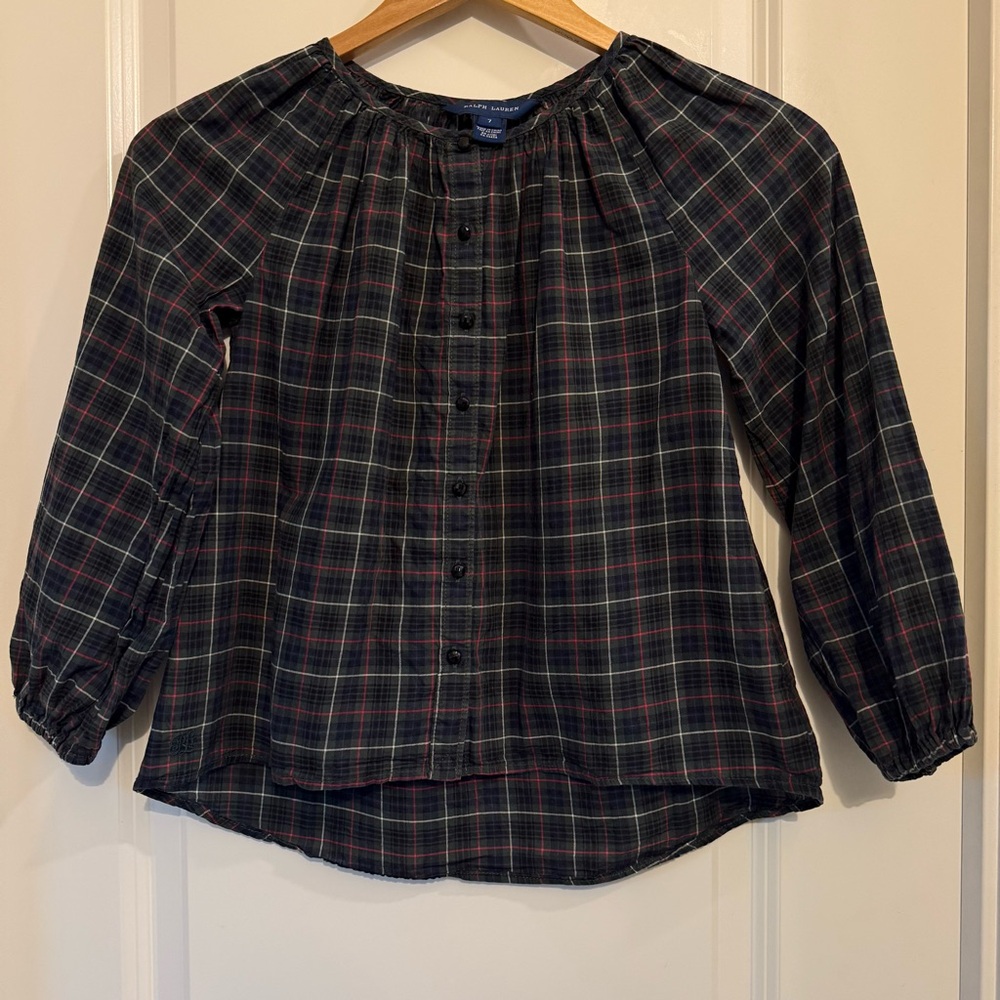 Ralph Lauren Plaid Blouson Top Dark Green Shimmery Buttons 7 Christmas Holiday